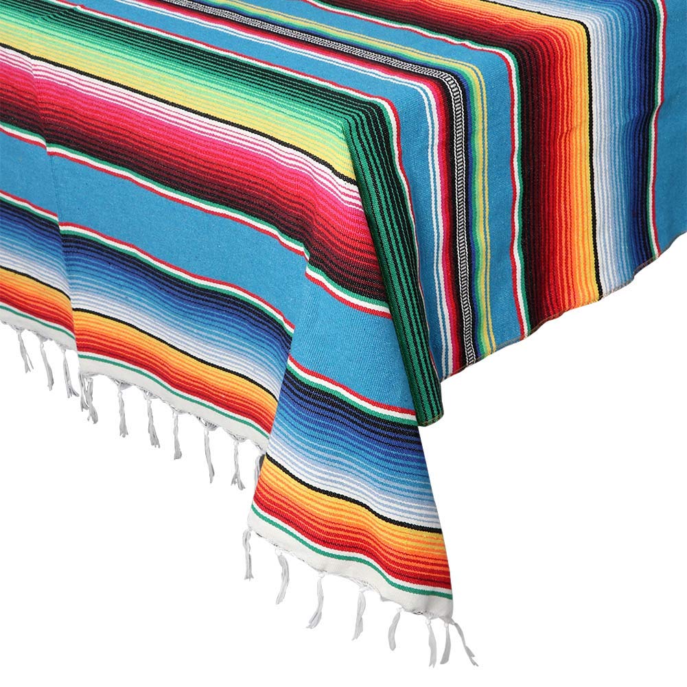 AerWo Mexican Tablecloth 60 x 85, Mexican Serape Blanket with Tassels for Fiesta Party Cinco De Mayo Decorations, Rectangle Woven Stripe Tablecloth, Outdoor Picnic Blankets Dining Table Cover