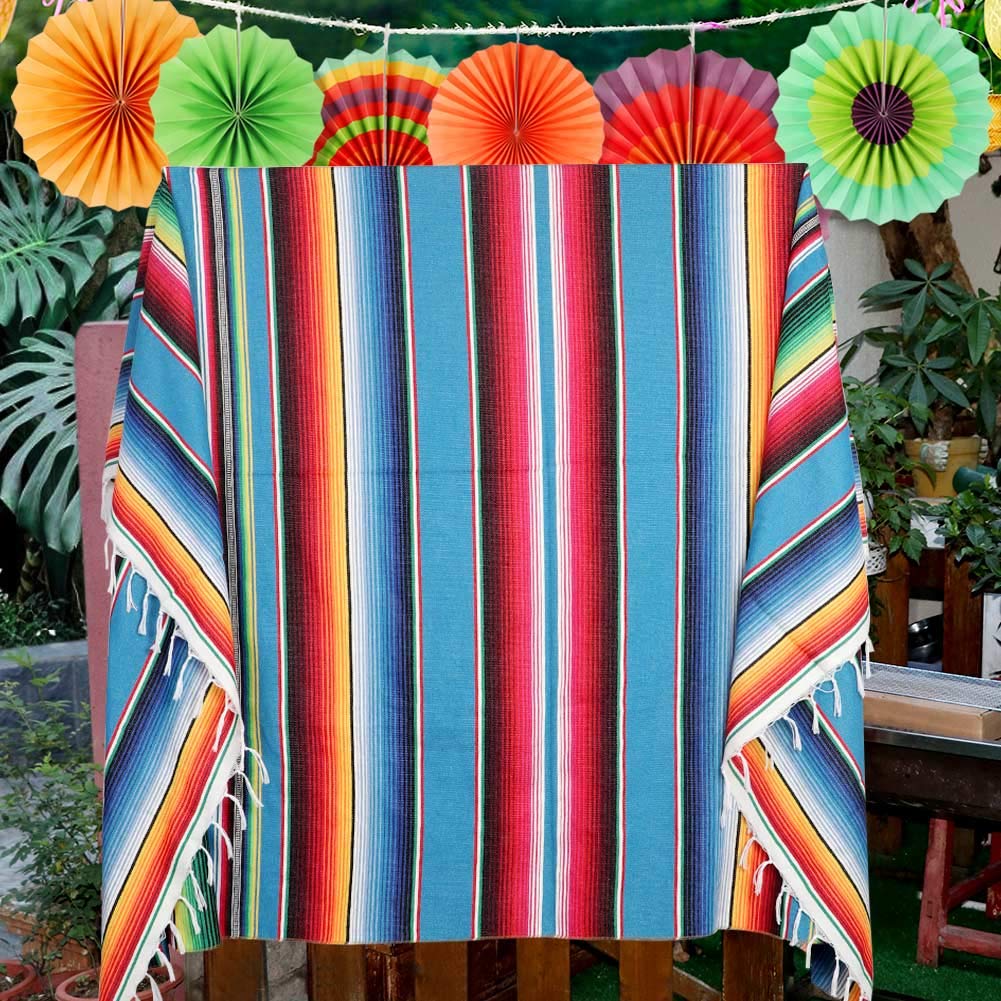 AerWo Mexican Tablecloth 60 x 85, Mexican Serape Blanket with Tassels for Fiesta Party Cinco De Mayo Decorations, Rectangle Woven Stripe Tablecloth, Outdoor Picnic Blankets Dining Table Cover