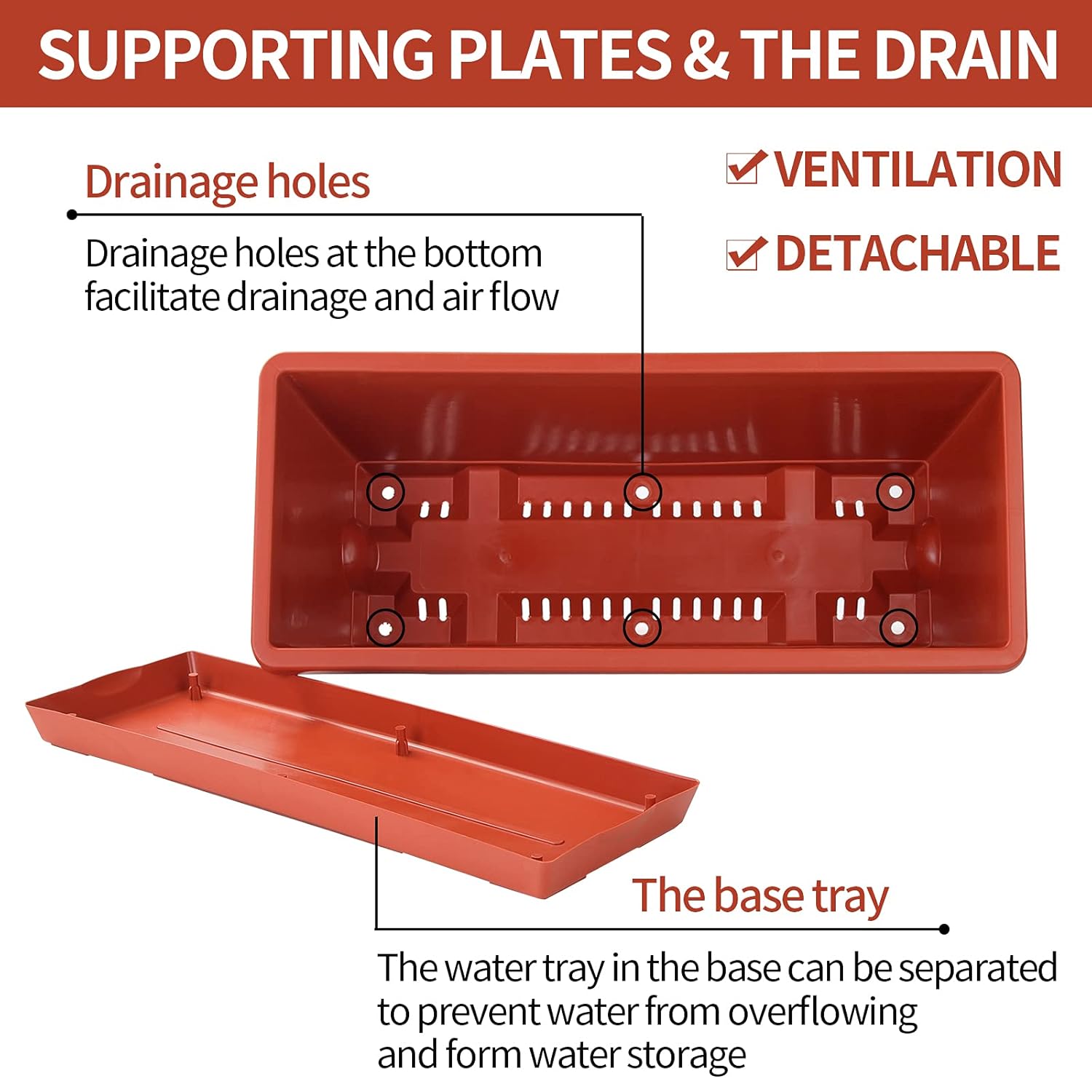 CHUKEMAOYI Window Box Planter, 7 Pack Plastic Vegetable Flower Planters Boxes 17 Inches Rectangular Flower Pots with Saucers for Indoor Outdoor Garden, Patio, Home Decor (Red)