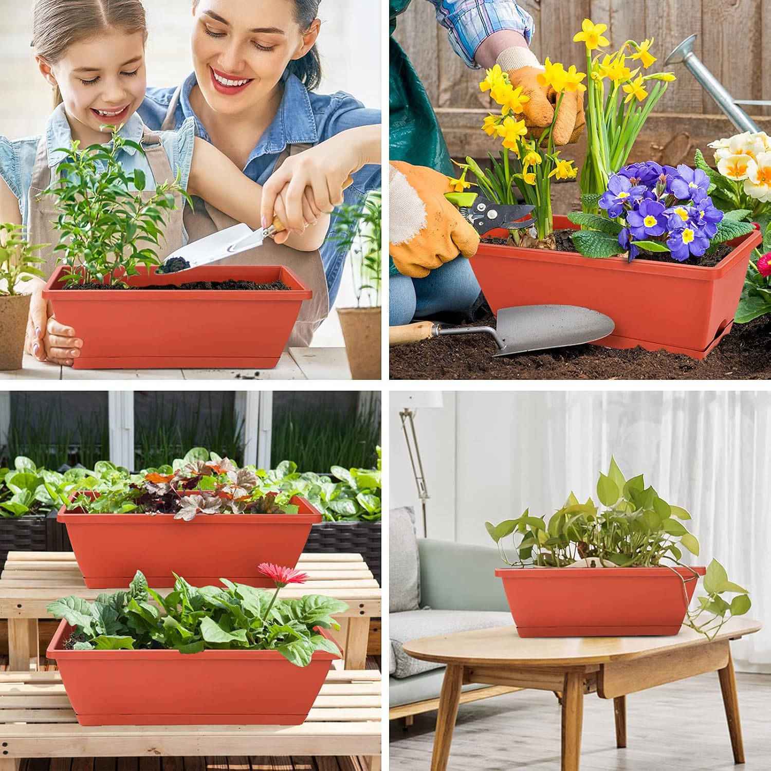 CHUKEMAOYI Window Box Planter, 7 Pack Plastic Vegetable Flower Planters Boxes 17 Inches Rectangular Flower Pots with Saucers for Indoor Outdoor Garden, Patio, Home Decor (Red)