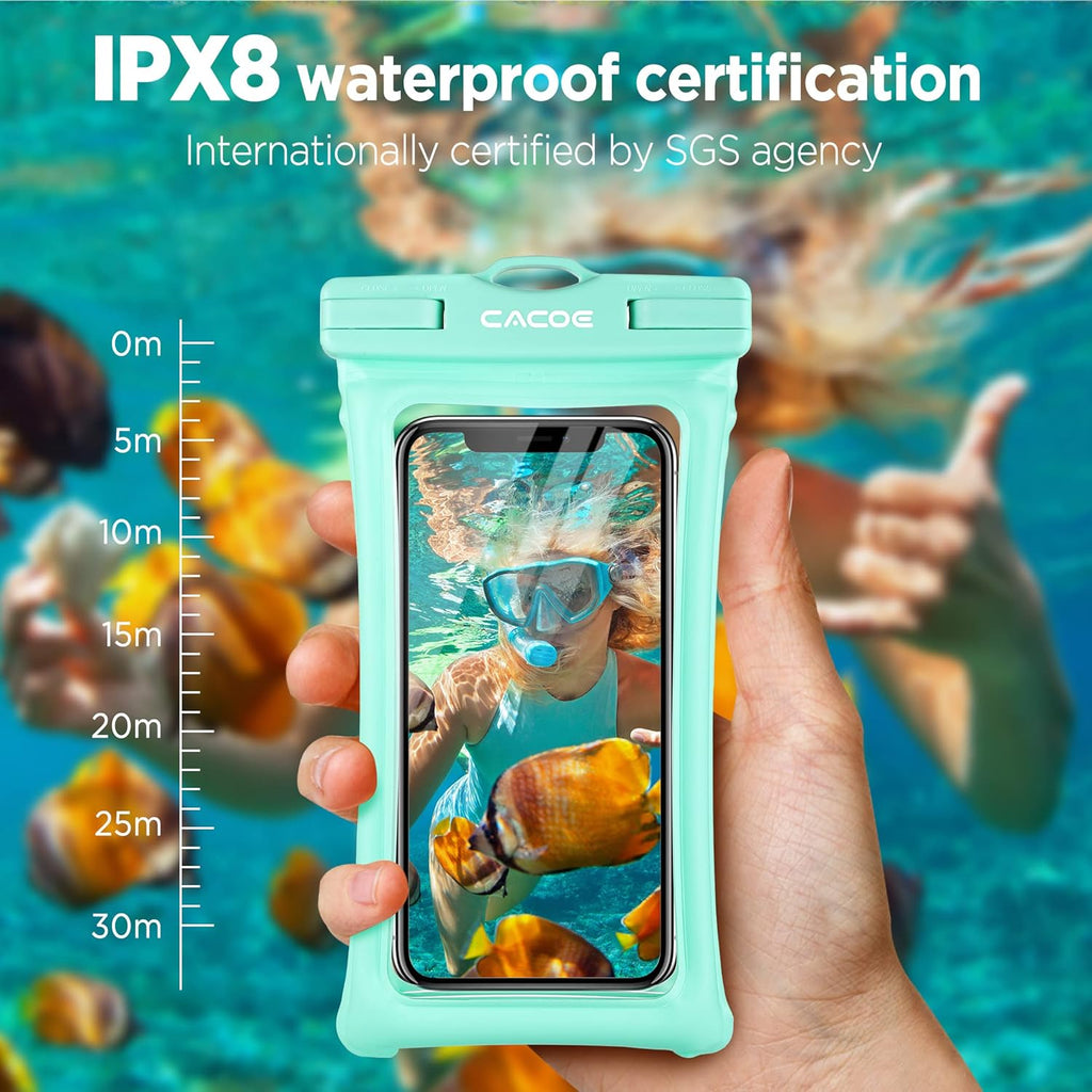 CACOE [Floatable] Floating Universal IPX8 Waterproof Phone case 2 Pack-Up to 7.0",Adjustable Lanyard Phone Pouch,Cellphone Dry Bags for Vacation Beach Pool Kayak Cruise Travel Essentials（Black+Green）