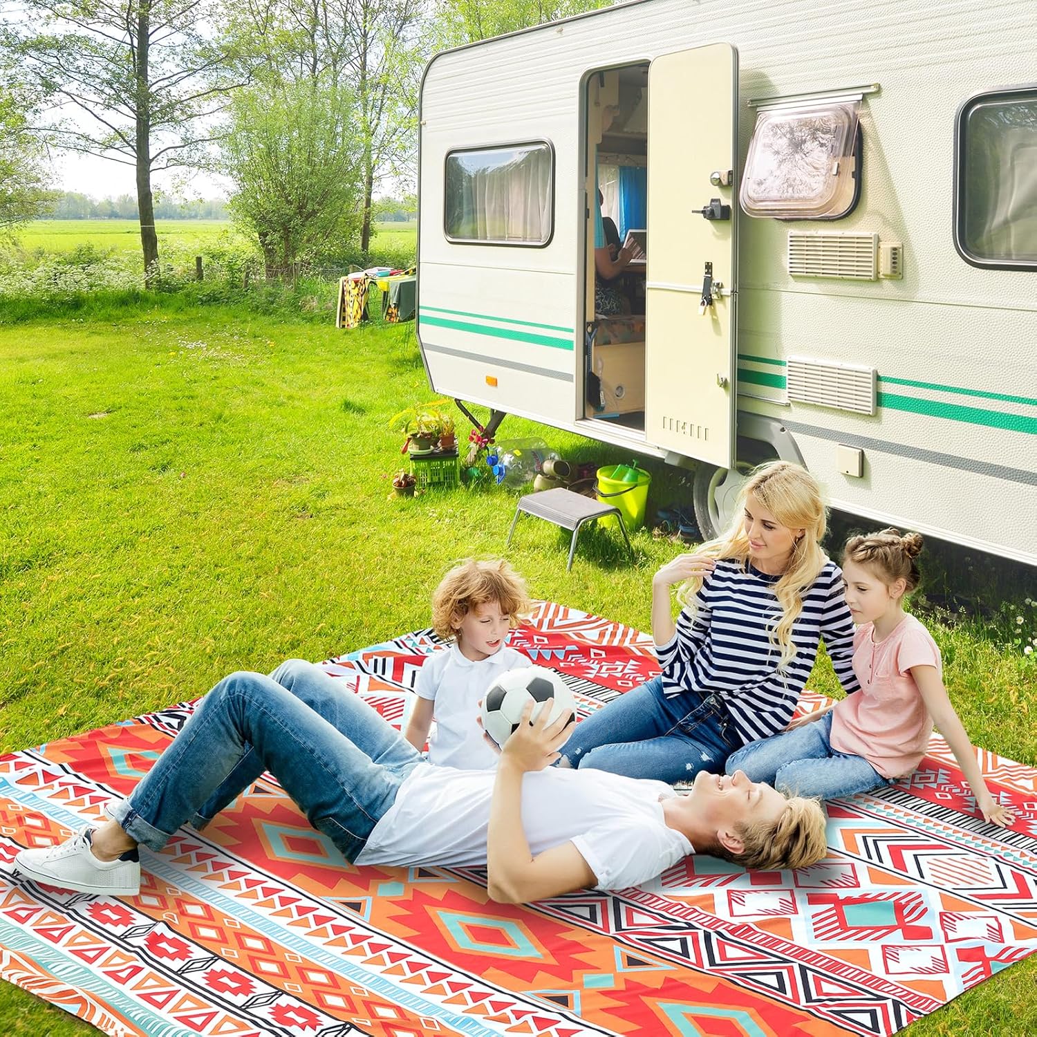 Beach Blanket, Sandproof Beach Mat, Waterproof Quick Drying Lightweight Outdoor Aztec Picnic Mat 79" X 83"/120"x108" for 2-8 Adults for Travel, Camping, Hiking