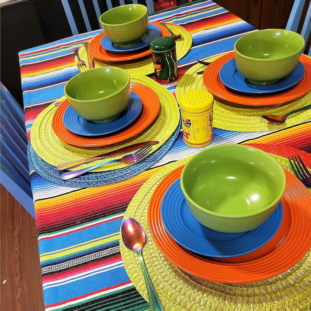 AerWo Mexican Tablecloth 60 x 85, Mexican Serape Blanket with Tassels for Fiesta Party Cinco De Mayo Decorations, Rectangle Woven Stripe Tablecloth, Outdoor Picnic Blankets Dining Table Cover