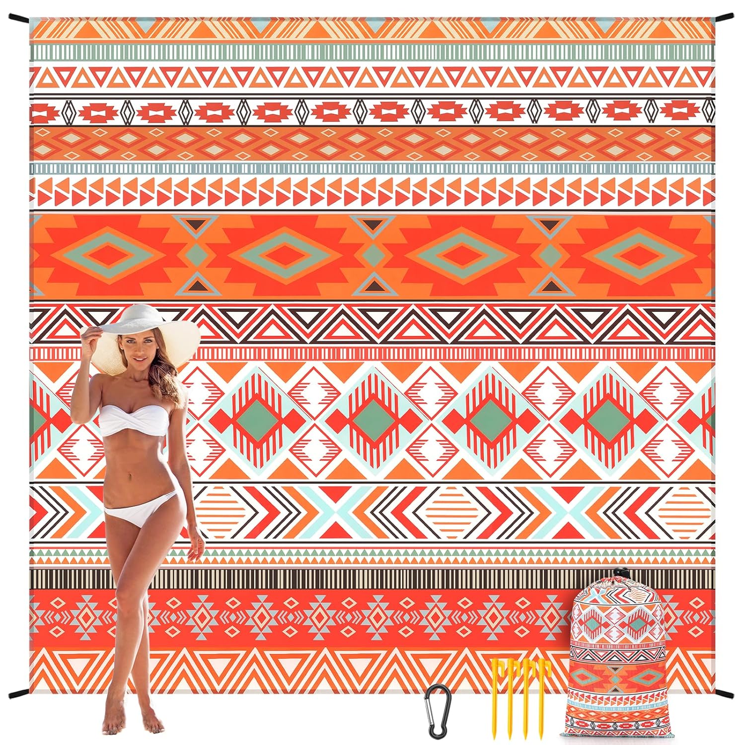 Beach Blanket, Sandproof Beach Mat, Waterproof Quick Drying Lightweight Outdoor Aztec Picnic Mat 79" X 83"/120"x108" for 2-8 Adults for Travel, Camping, Hiking