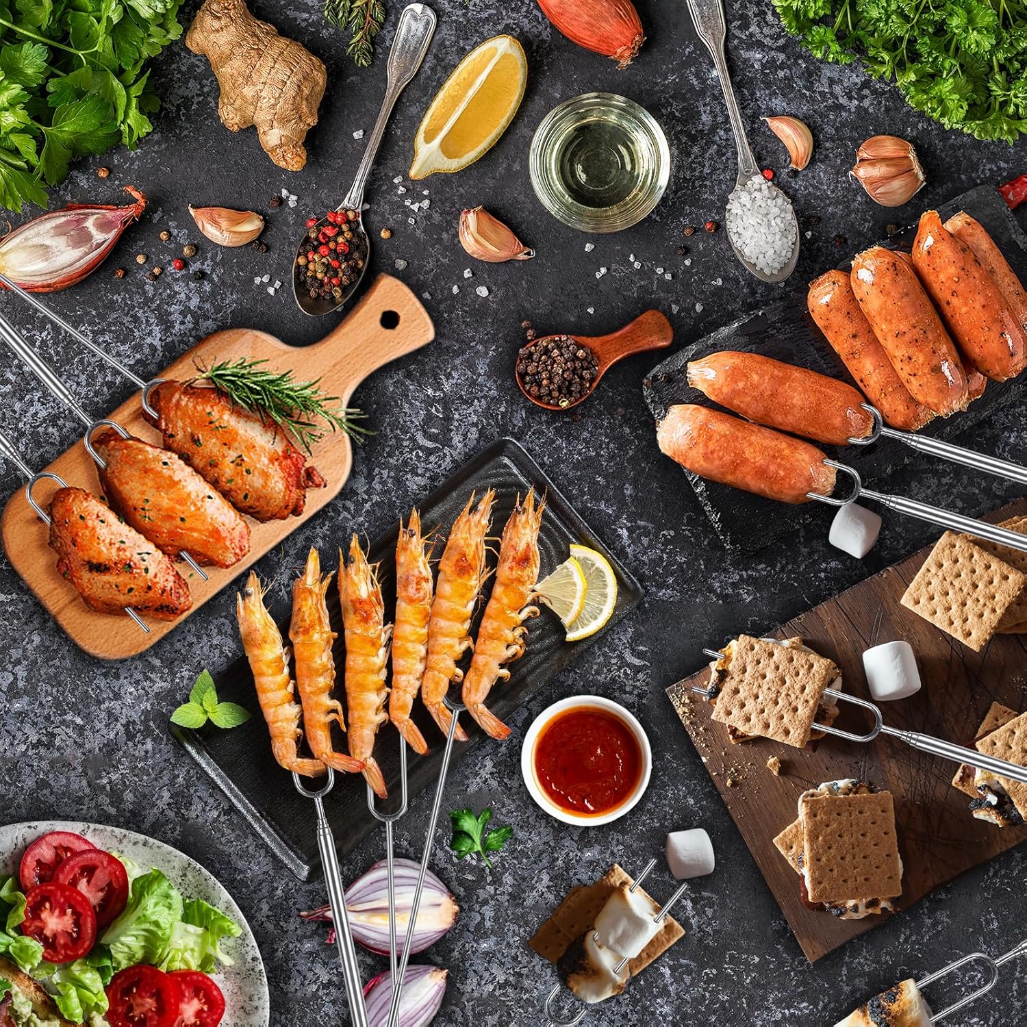 Briout Extendable Stainless Steel Roasting Sticks - Smores Sticks for Fire Pit Long 32 Inch, Smore Skewers Hot Dog Fork Campfire Accessories, Camping Essentials for S'mores - 10 Pack