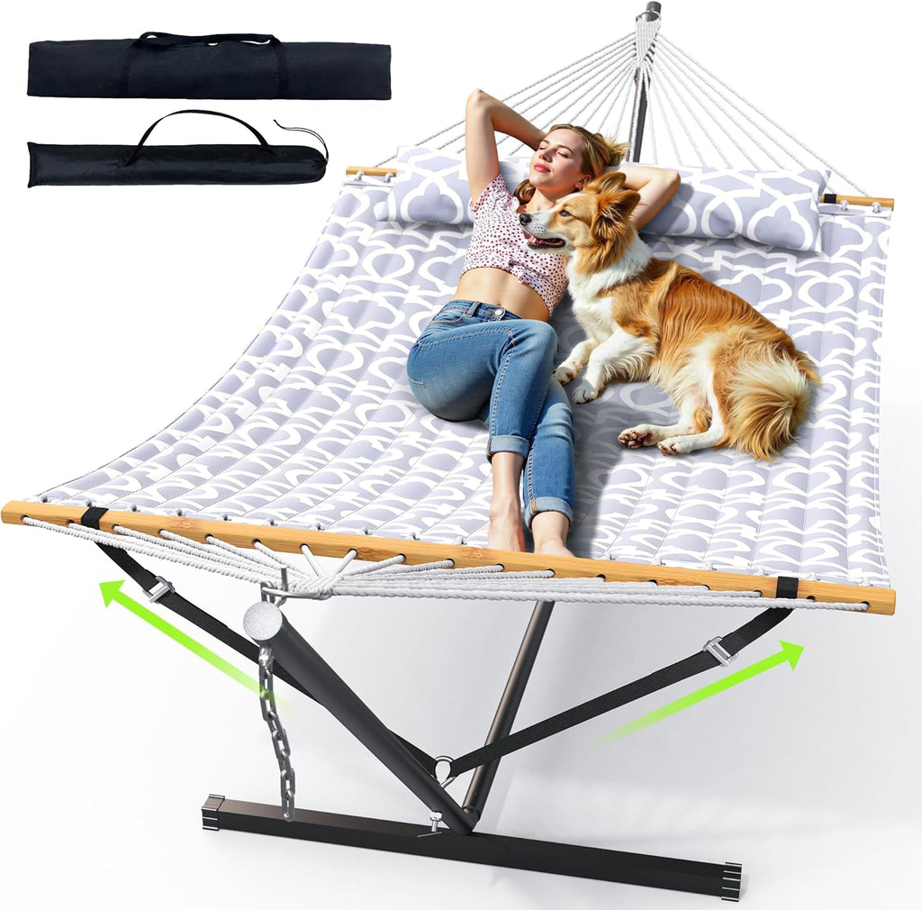 ANAGOO Double hammock with Stand, Heavy Duty Outdoor Hammock for Two, 500 LBS Capacity, Stable Steel Frame with Balance Strap, Easy Tool-Free Assembly for Patio, Garden, Backyard & Beach,White Grey