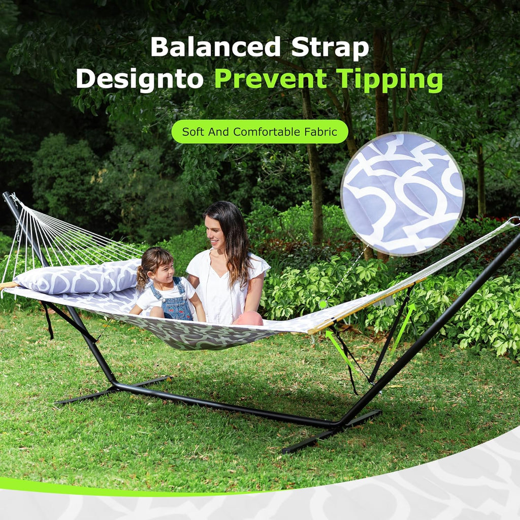 ANAGOO Double hammock with Stand, Heavy Duty Outdoor Hammock for Two, 500 LBS Capacity, Stable Steel Frame with Balance Strap, Easy Tool-Free Assembly for Patio, Garden, Backyard & Beach,White Grey