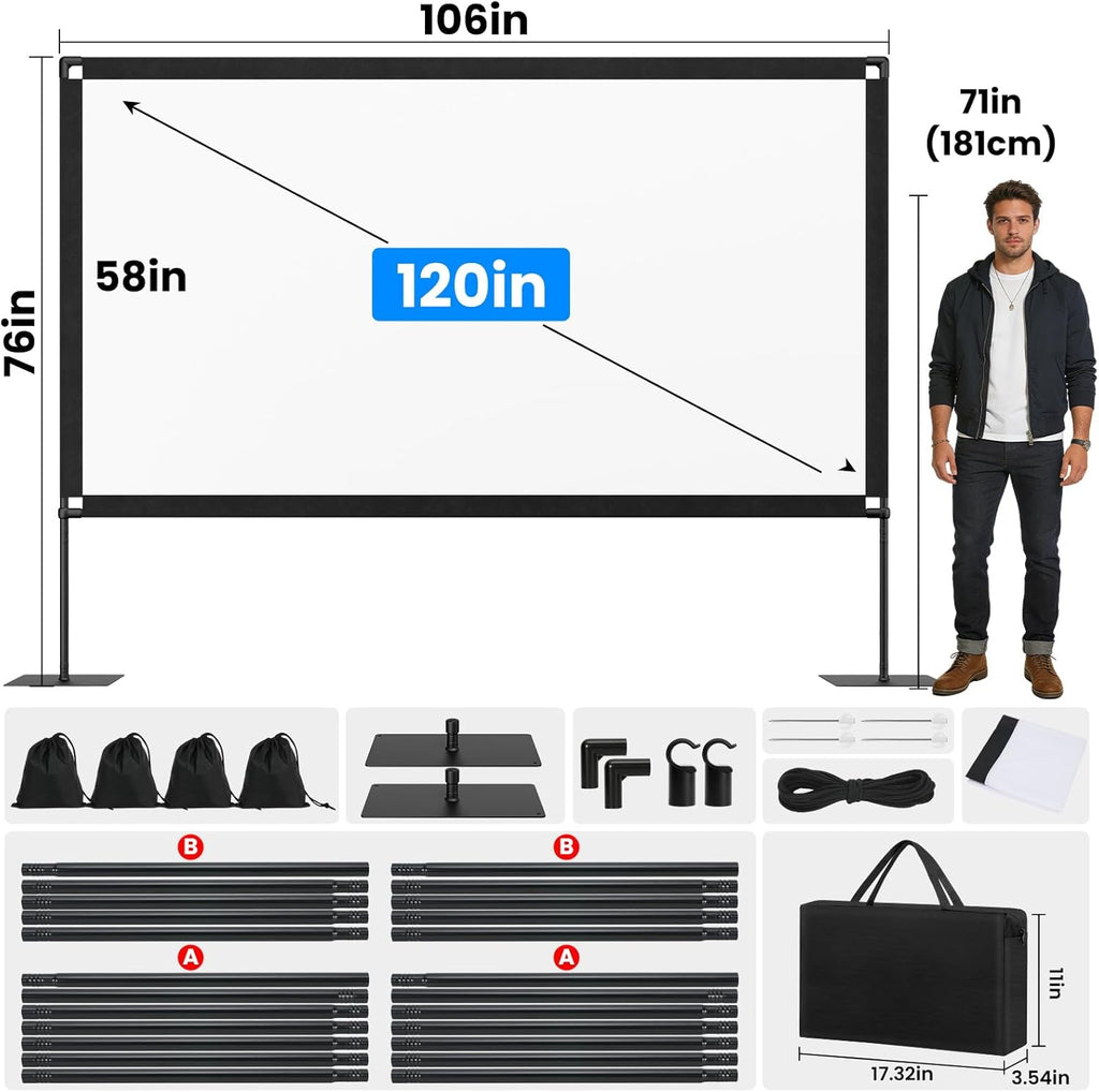 120inch Outdoor Projector Screen with Stand: 16:9 4K HD Portable Projector Screen Outdoor Indoor - Front/Rear Movie Screen with Carry Bag, Sandbag - Projection Screen for Backyard, Camping, Theater