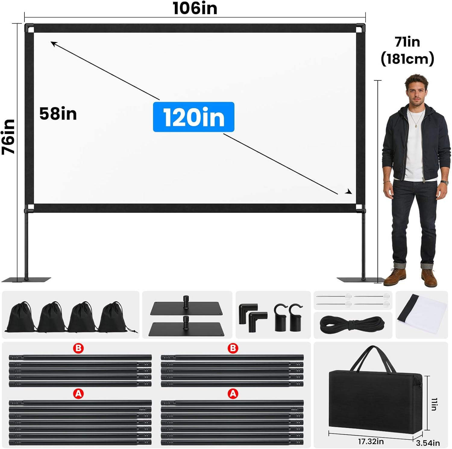 120inch Outdoor Projector Screen with Stand: 16:9 4K HD Portable Projector Screen Outdoor Indoor - Front/Rear Movie Screen with Carry Bag, Sandbag - Projection Screen for Backyard, Camping, Theater