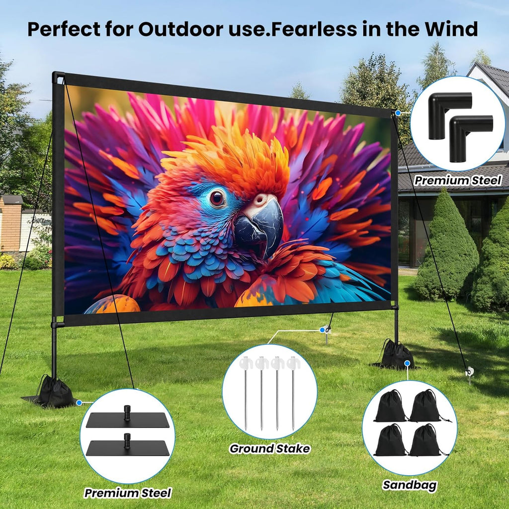 120inch Outdoor Projector Screen with Stand: 16:9 4K HD Portable Projector Screen Outdoor Indoor - Front/Rear Movie Screen with Carry Bag, Sandbag - Projection Screen for Backyard, Camping, Theater