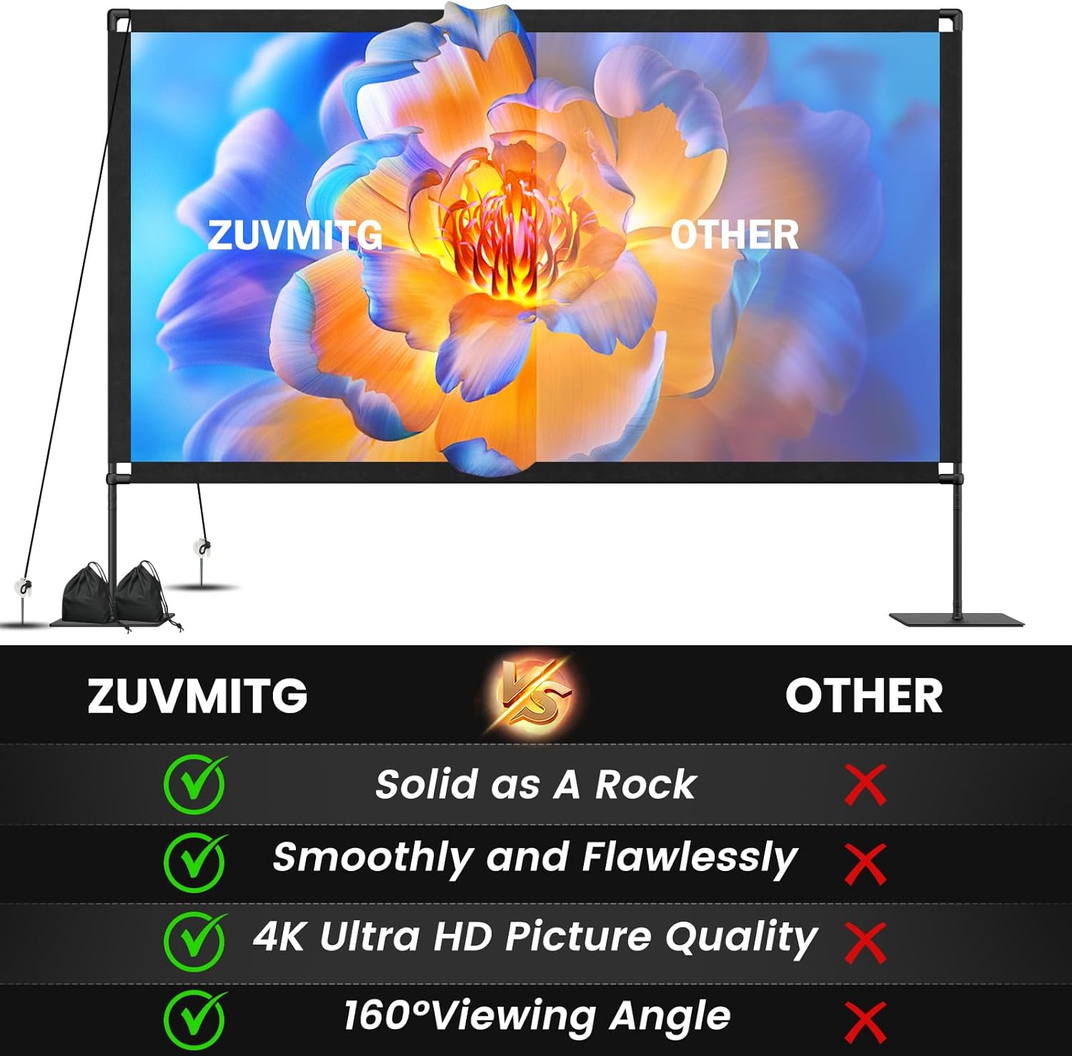 120inch Outdoor Projector Screen with Stand: 16:9 4K HD Portable Projector Screen Outdoor Indoor - Front/Rear Movie Screen with Carry Bag, Sandbag - Projection Screen for Backyard, Camping, Theater